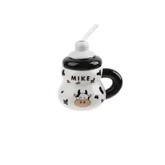 GENERICO - Taza de Cerámica Diseño Vaquita con Tapa y Bombilla 400 ml