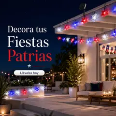 DOPA - Guirnalda Solar LED Fiestas Patrias 20 Metros 200 Estrellas Rojas Blancas y Azules para Exterior