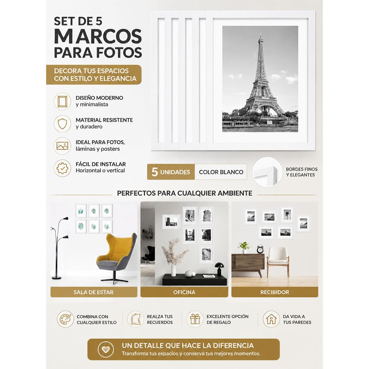 EVERSO - Pack 5 Marco Para Foto Portaretrato Decoración Cuadro A4 Blanco