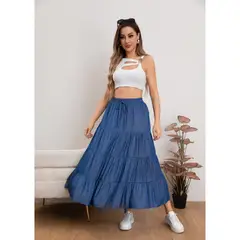LIKE SHOP - Maxi Falda Larga Mujer Tipo Jeans Plisada Tiro Alto Con Vuelos 0115