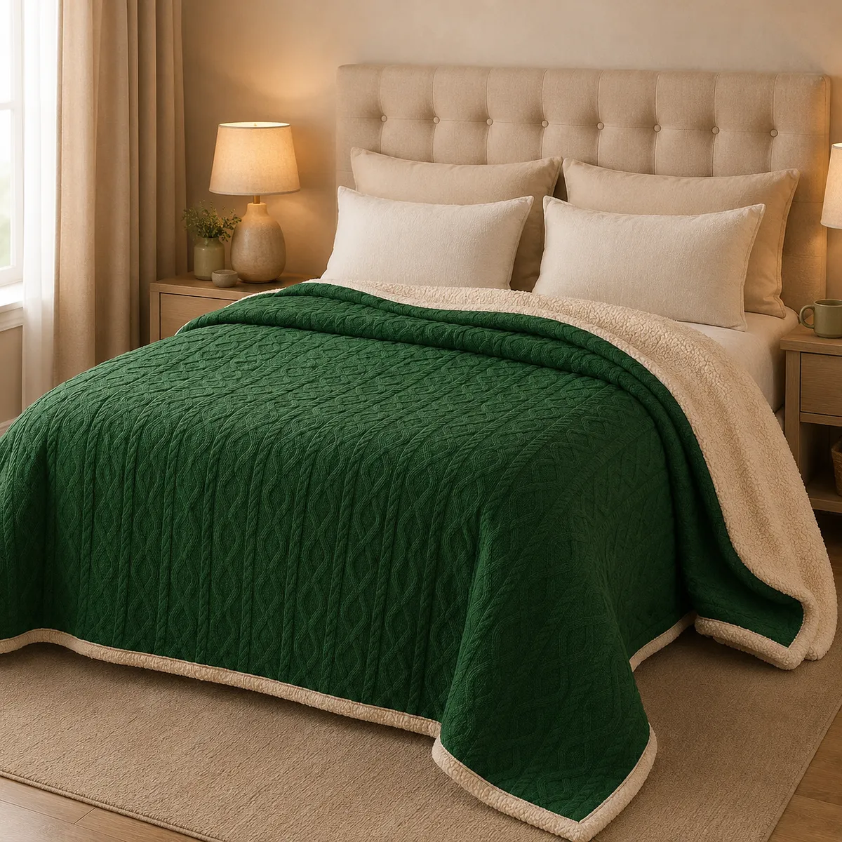 ARMONIA - Manta Suave Diseño Geometrico  Verde Oscuro 2 Plazas Sherpa
