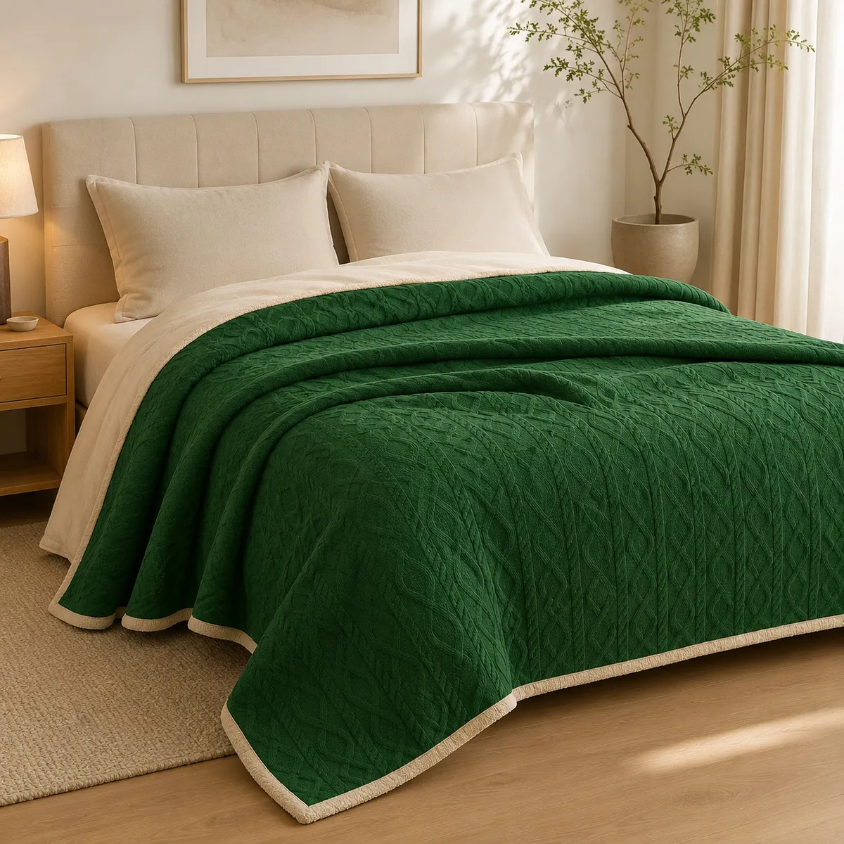 ARMONIA - Manta Suave Diseño Geometrico  Verde Oscuro 2 Plazas Sherpa