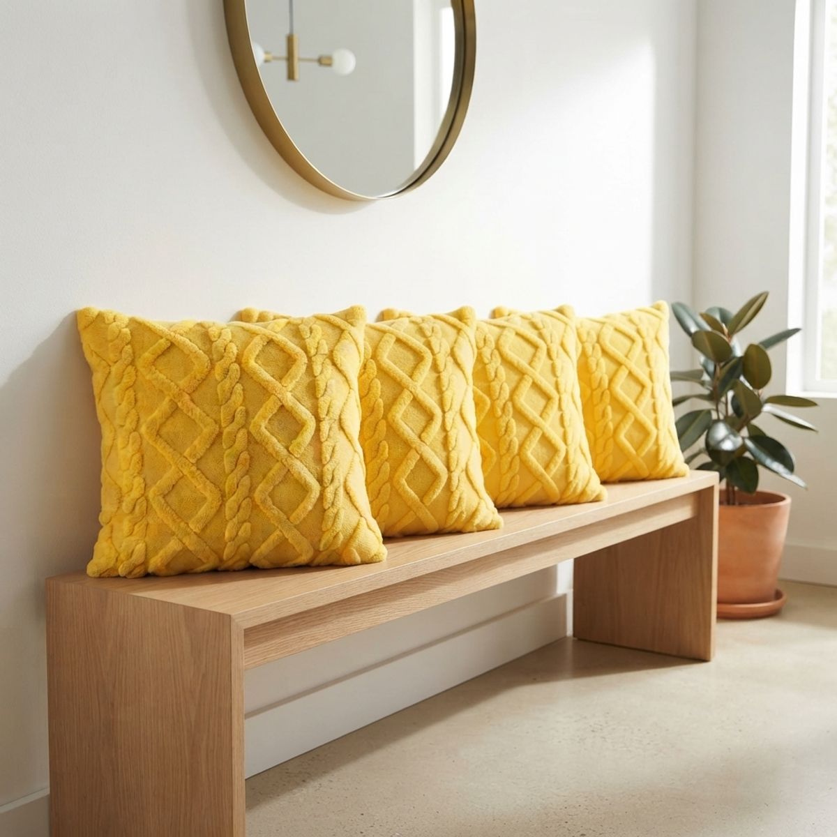 ARMONIA - Pack 4 Fundas Decorativas 45x45 cm Pelo Trenzado 758 Amarillo