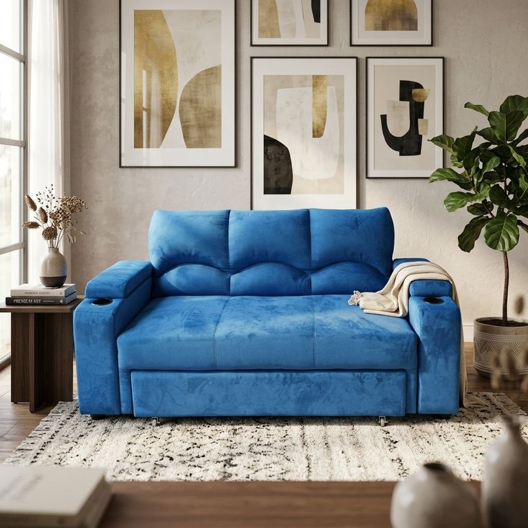 SOFA CAMA FUNCIONAL 2 PZ DECO FELPA AZUL PETROLEO CON POSAVASO Azul petroleo