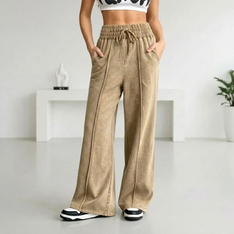 Pantalon Buzo Pre Lavado Verano Palazzo Algodon Elasticados Wide Leg Beige S