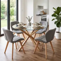 PANDALINO - Comedor Mesa Redonda Equiz 100cm + 4 Sillón Rubik Lino Gris
