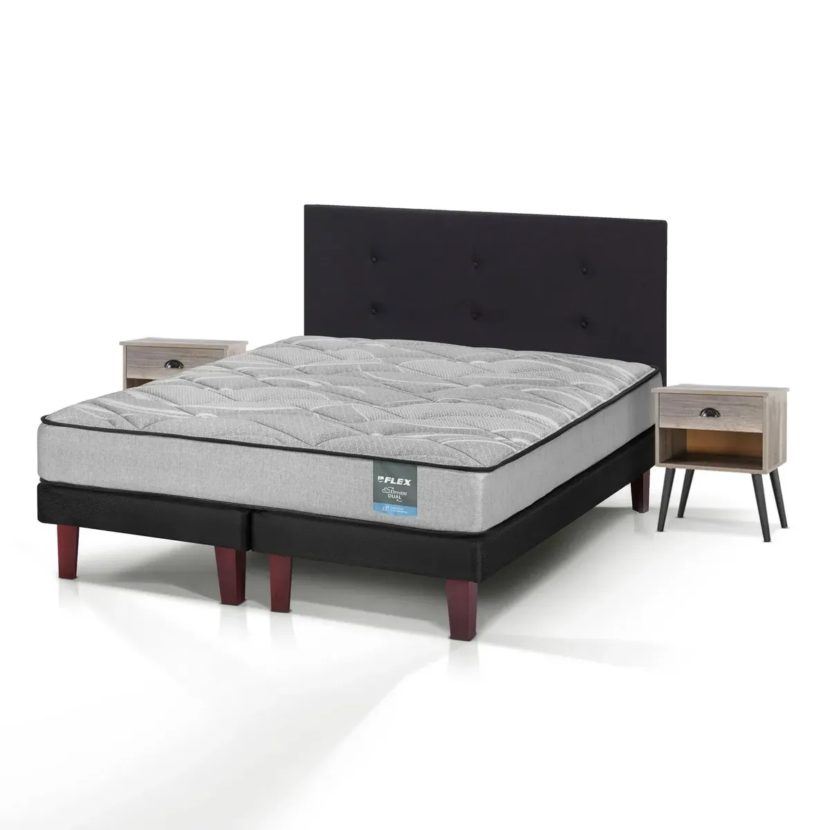 FLEX - Cama Europea Dream Dual 2 Plazas 150x190 + Respaldo Royal Negro + Velador Rock Flex