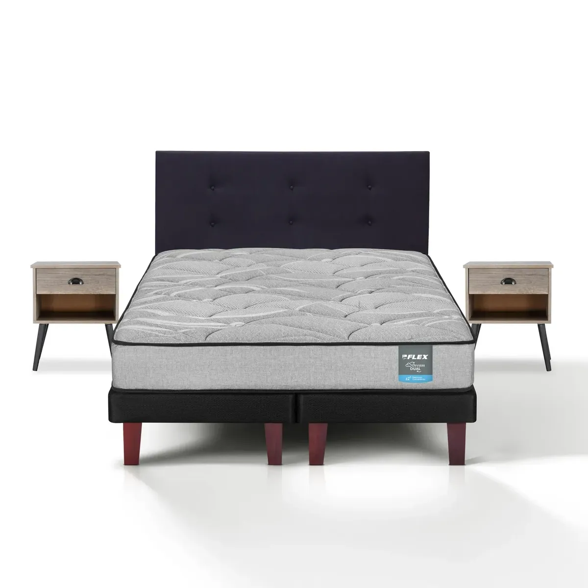 FLEX - Cama Europea Dream Dual 2 Plazas 150x190 + Respaldo Royal Negro + Velador Rock Flex