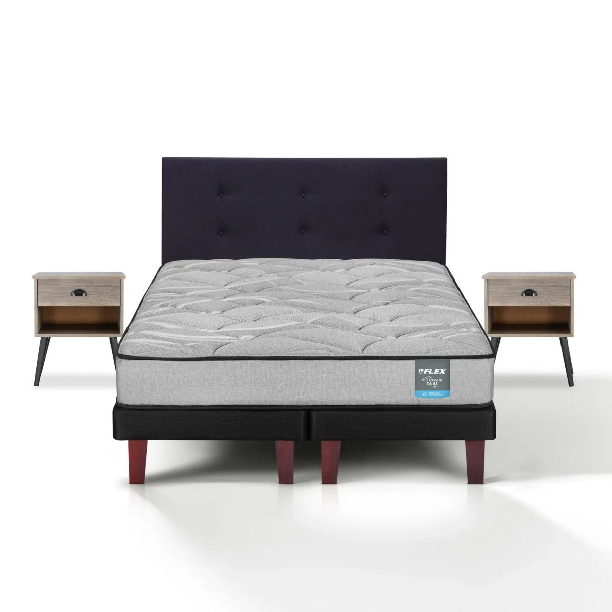 FLEX - Cama Europea Dream Dual 2 Plazas Box 150x200 + Respaldo Royal Negro + Velador Rock Flex