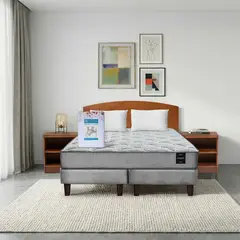 LATAM HOME - Combo Cama Cannon 2 Plazas Base Dividida Tela Gris + Textil + Respaldo + 2 Veladores Atlas