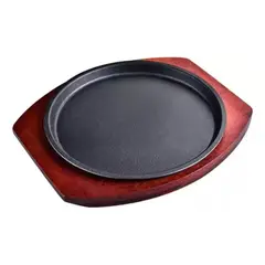 GENERICO - Plato plancha de hierro fundido con base de madera para cocinar