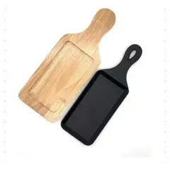 GENERICO - Sartén plancha de hierro fundido con base de madera bambú para cocinar