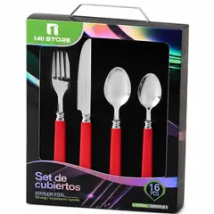 GENERICO - Set De Cubiertos 16 Piezas Mango Rojo Para Mesa Cocina Hogar