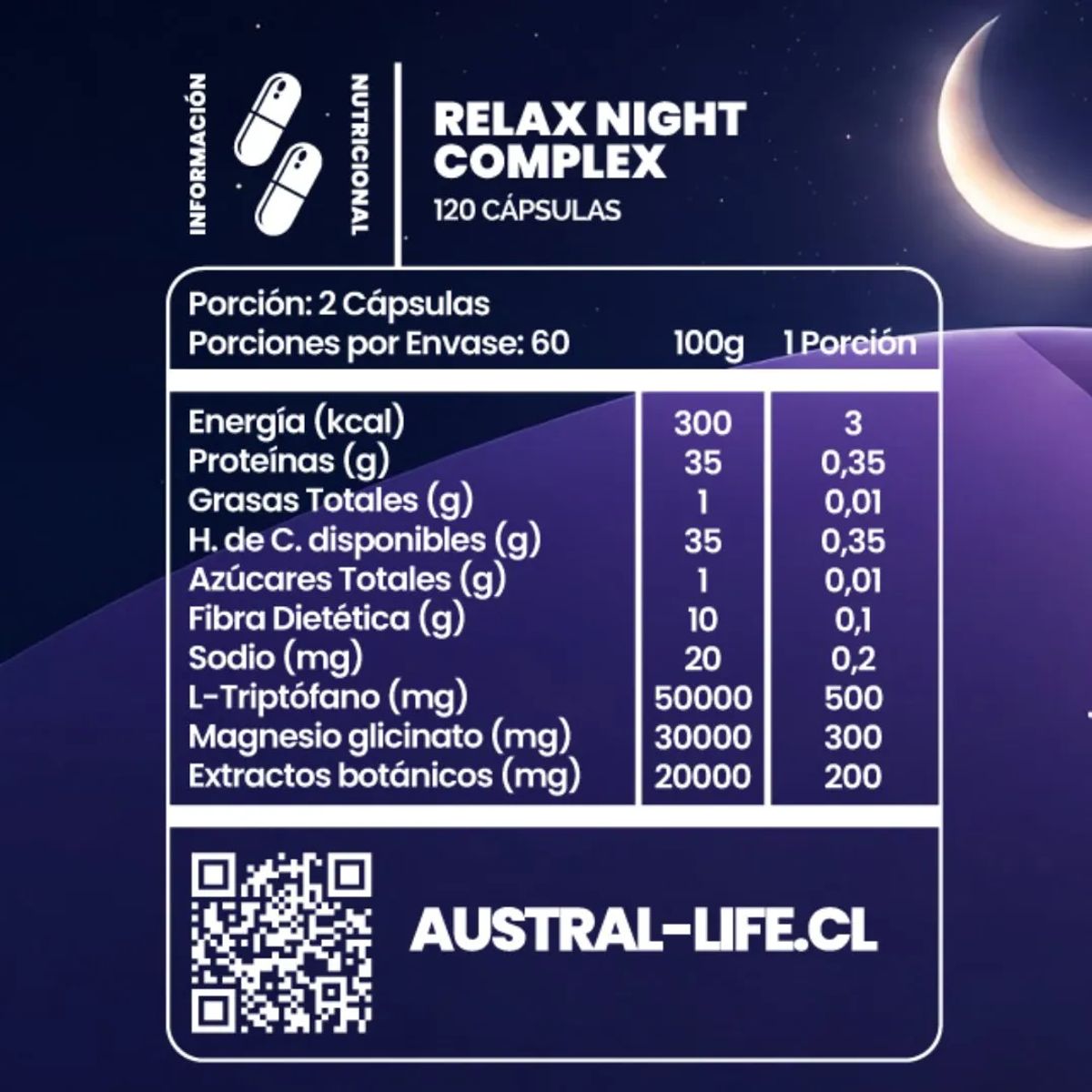 AUSTRAL LIFE - Relax Night Complex 120 Cápsulas - Austral Life