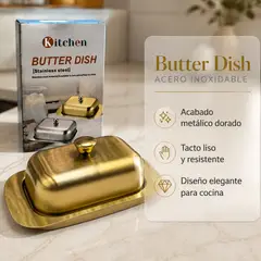 GENERICO - Mantequillera de Acero Inoxidable con Tapa Dorada 18.5 cm