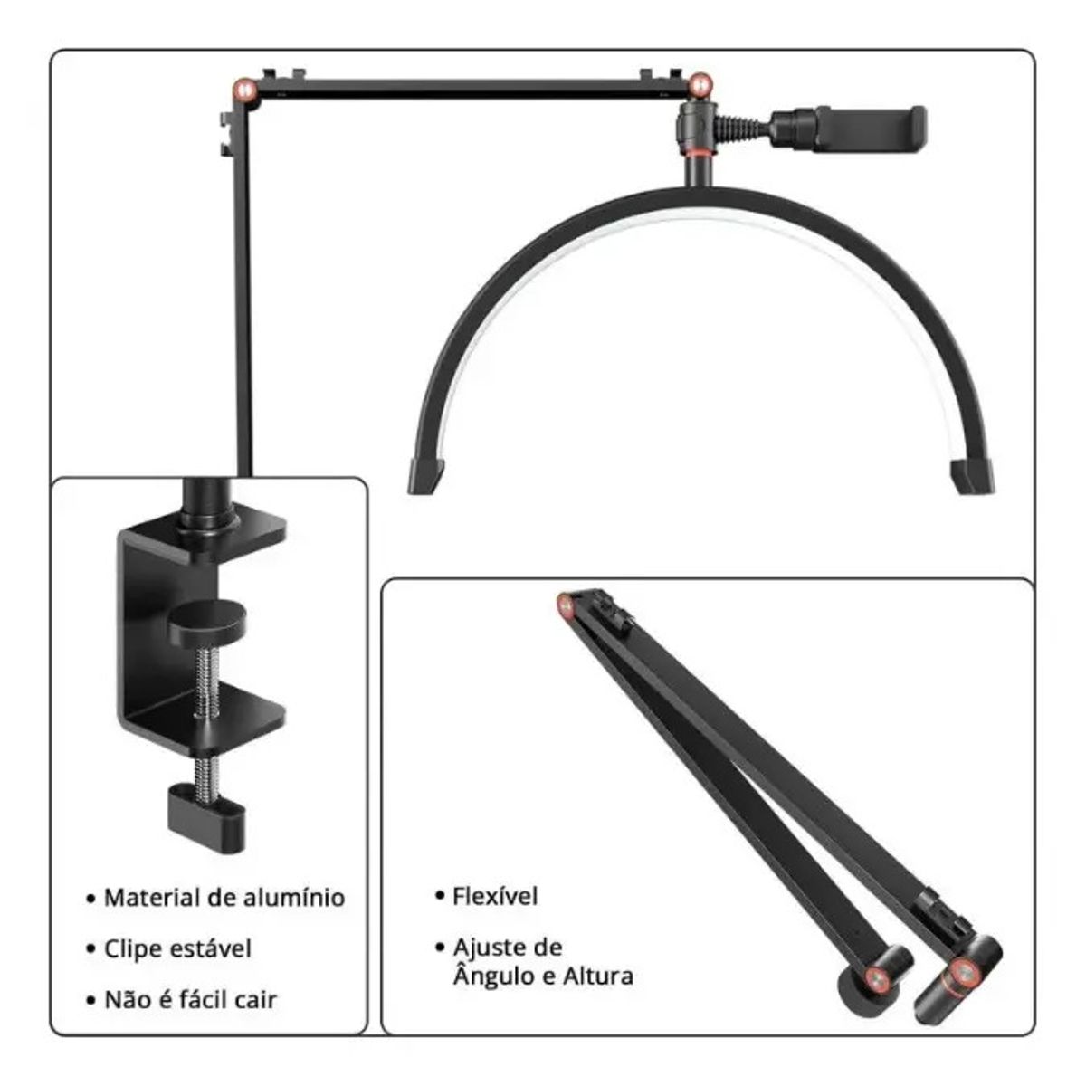 IRM - Lampara Media Luna LED Regulable 3 Temperaturas de Color con Pinza de Mesa y Soporte para Celular