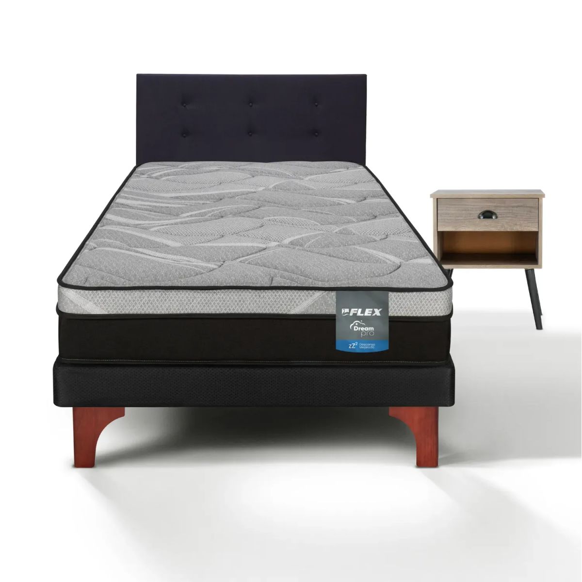 FLEX - Cama Europea Dream Pro 1.5 Plazas Box + Respaldo Royal Negro + Velador Rock Flex