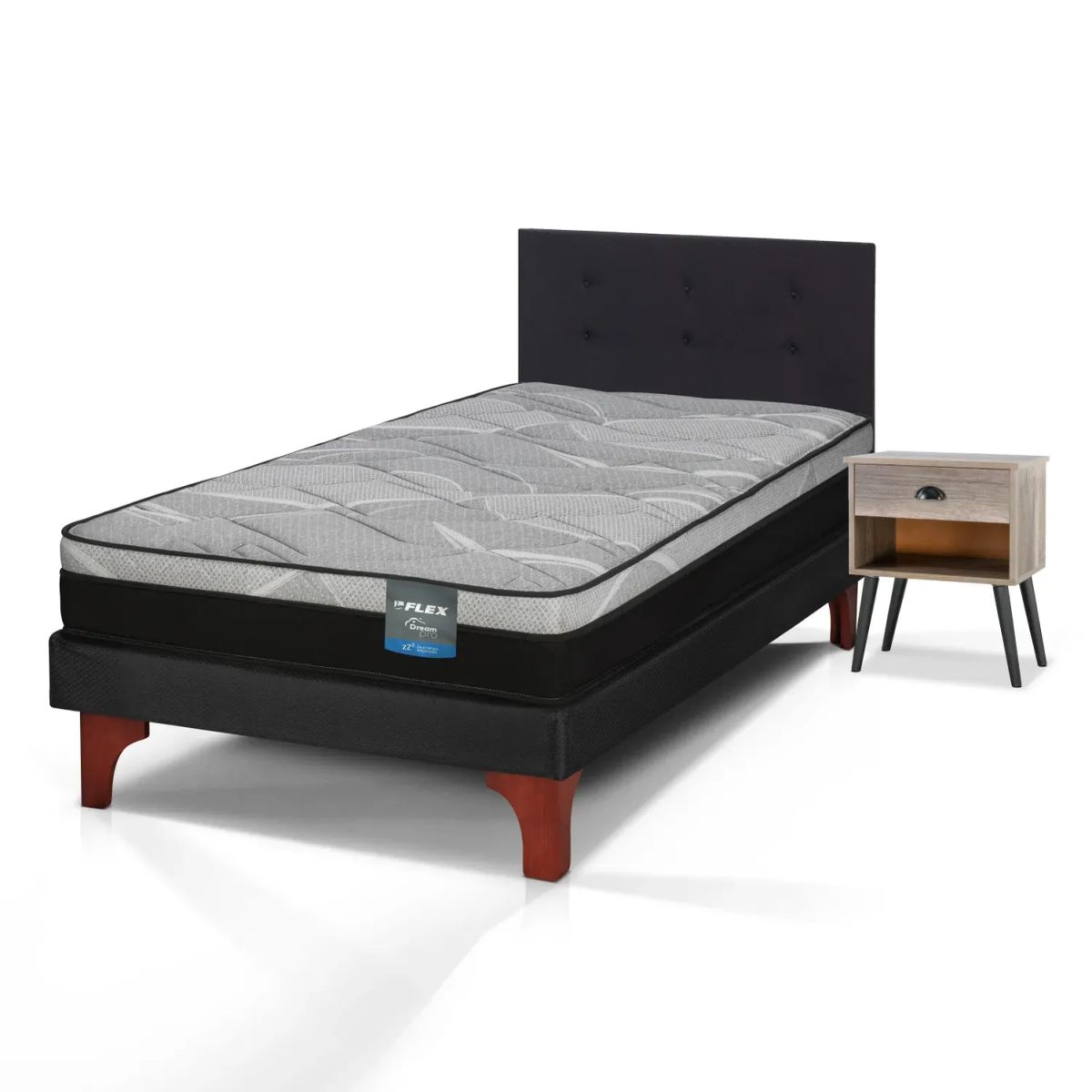 FLEX - Cama Europea Dream Pro 1.5 Plazas Box + Respaldo Royal Negro + Velador Rock Flex