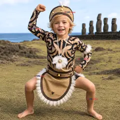UTILISIMO - Traje Pascuense Completo 5 Piezas Polera Tatuajes NIño Rapa Nui Fiestas Patrias