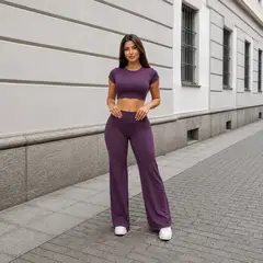 DEXUZ - Set Deportivo Crop Top Espalda Abierta y Pantalón Palazzo Gym