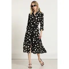 LIOLA - Vestido lunares con amarre, negro