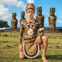 UTILISIMO - Traje Pascuense Completo 5 Piezas Polera Tatuajes Juvenil Rapa Nui Fiestas Patrias