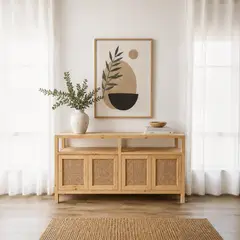 ARCA MUEBLES - Buffet "Palqui" de Madera y Rattan Aparador con Puertas - Natural - 150x40x80 cm