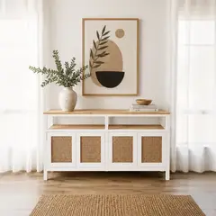 ARCA MUEBLES - Buffet "Palqui" de Madera y Rattan Aparador con Puertas - Blanco - 150x40x80 cm