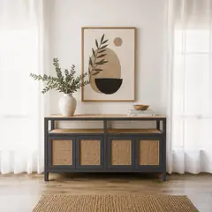 ARCA MUEBLES - Buffet "Palqui" de Madera y Rattan Aparador con Puertas - Gris Grafito - 150x40x80 cm