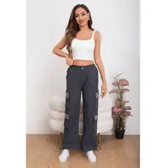 LIKE SHOP - Pantalon Mujer Ancho Elasticado Tela Jeans Doble Cargo Brillos 2011