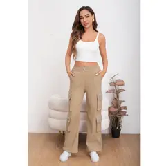 LIKE SHOP - Pantalon Mujer Ancho Elasticado Tela Jeans Doble Cargo Brillos 2011