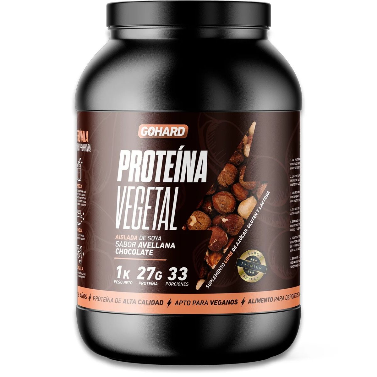 GOHARD - Proteína Vegana Gohard Sabor Avellana Chocolate 1kg Sin Lactosa y Gluten