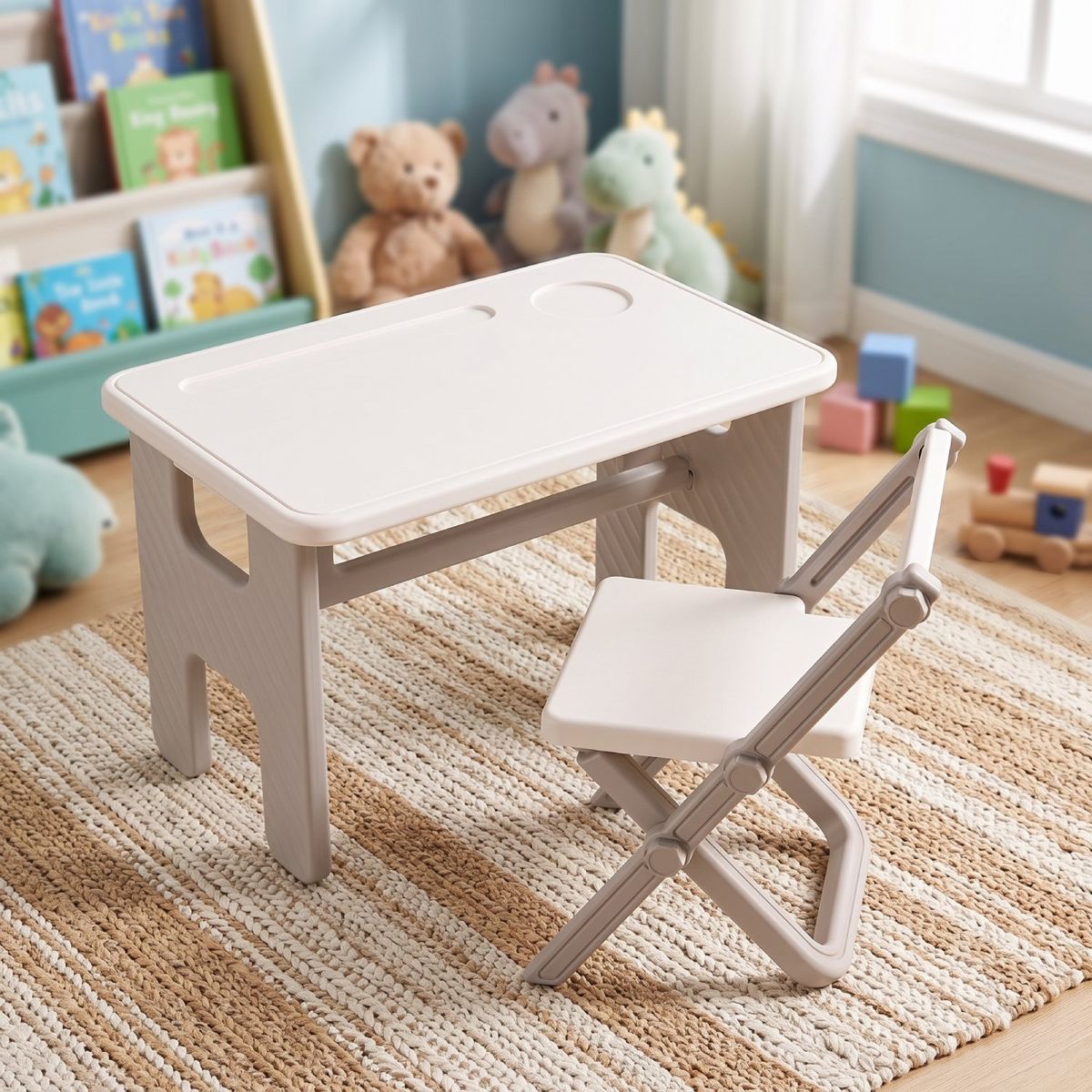 KIDSCOOL - Mesa y Silla Infantil Plegables Blanco Gris Kidscool 45x70x45 cm