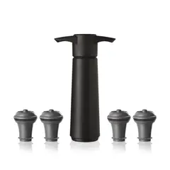 VACUVIN - Set Bomba y 4 Tapones de Vacío para Vino Negro