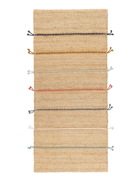 Alfombra de yute natural con franjas de lana de colores y borlas en los extremos