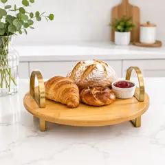 GENERICO - Bandeja Redonda De Bambú Con Asas Doradas 32 Cm Para Servir