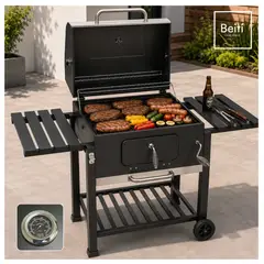 HOMEBRANDT - Parrilla A Carbon Acero Inoxidable Tapa Rueda Y Doble Repisa