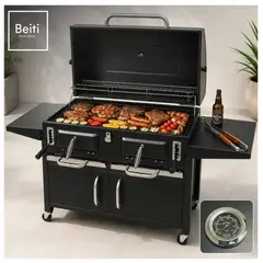 HOMEBRANDT - Parrilla A Carbon Con Tapa Premium Acero 4 Ruedas Asados