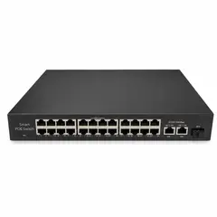 GENERICO - Switch PoE 24 Puertos 10/100 Mbps 300W, 2 Uplink Gigabit, 1 Puerto SFP y Rack para Cámaras CCTV