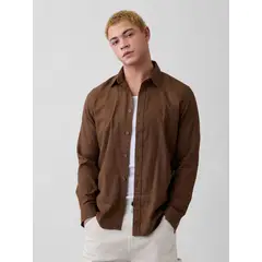 GAP - Camisa Hombre Manga Larga Lino Café