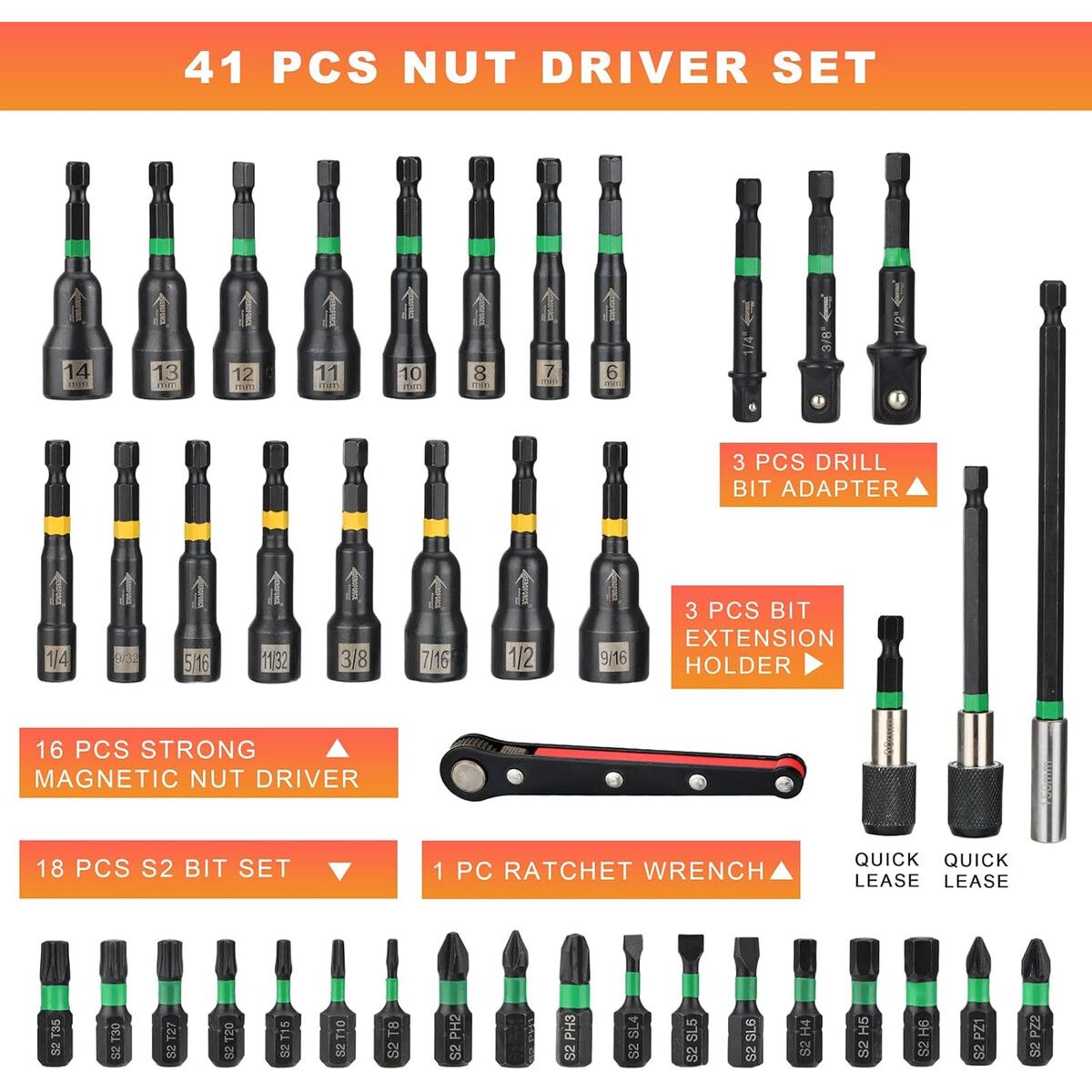 AEROFORCE - Juego Nut Drivers AEROFORCE 41PCS 6 a 14 mm Magnético