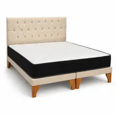 GENERICO - Cama Europea 2 Plazas Base dividida Respaldo Capitone Beige Colchón hibrido