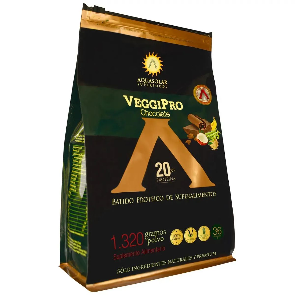 AQUA SOLAR - Proteína Vegetal Chocolate en Polvo VeggiPro 1,32 kg Vegana Sin Gluten
