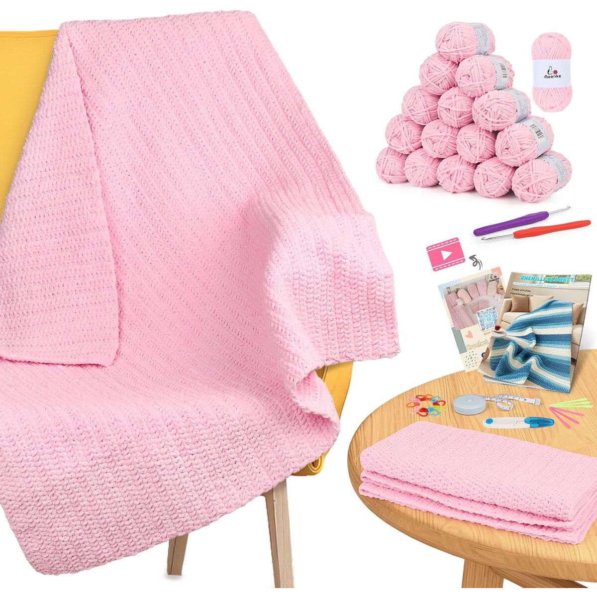 MANTA - Kit Crochet Manta Aeelike Sakura Pink 16 ovillos ganchos