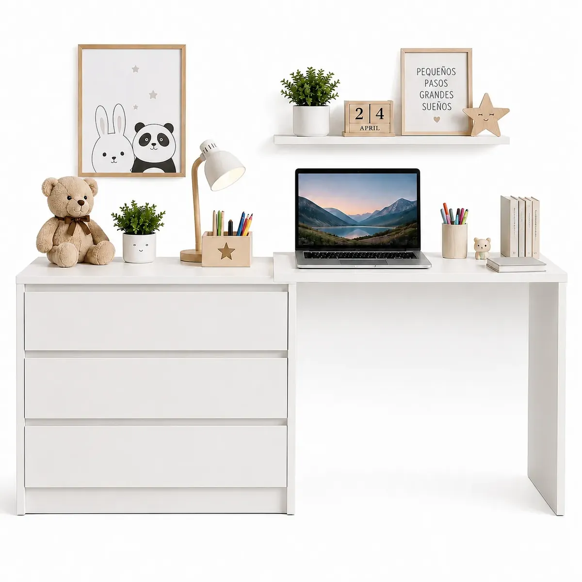 ACTUAL - Mueble Infantil Cómoda y Escritorio Blanco Cálido con 3 Cajones y Diseño Extensible