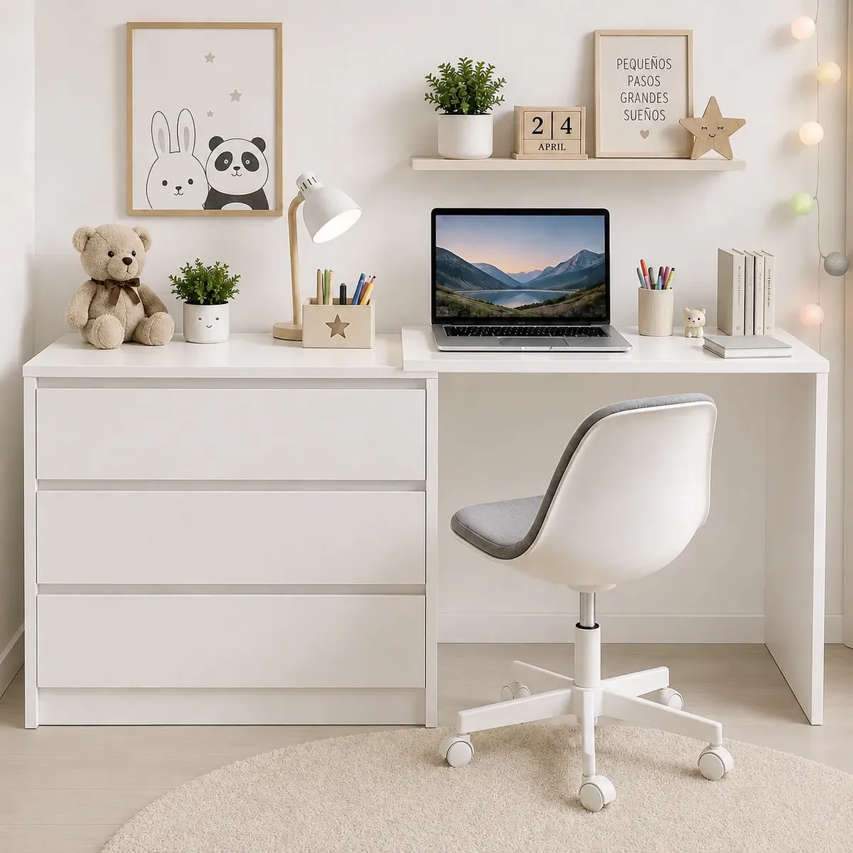 ACTUAL - Mueble Infantil Cómoda y Escritorio Blanco Cálido con 3 Cajones y Diseño Extensible