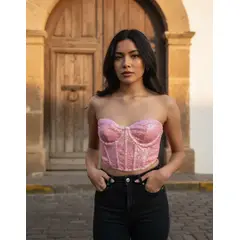 STRIKE - Top Corto Tipo Corset Mujer Lentejuelas Rosa