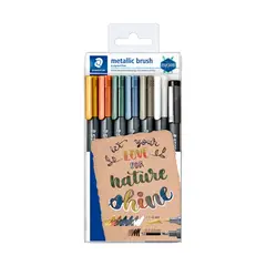 STAEDTLER - Set 6 Brush Pen Metálico más Rotulador