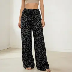HERIEL - Pantalón Palazzo Lino Verano Animal Print Tiro Alto Wide Leg Pretina Elasticada