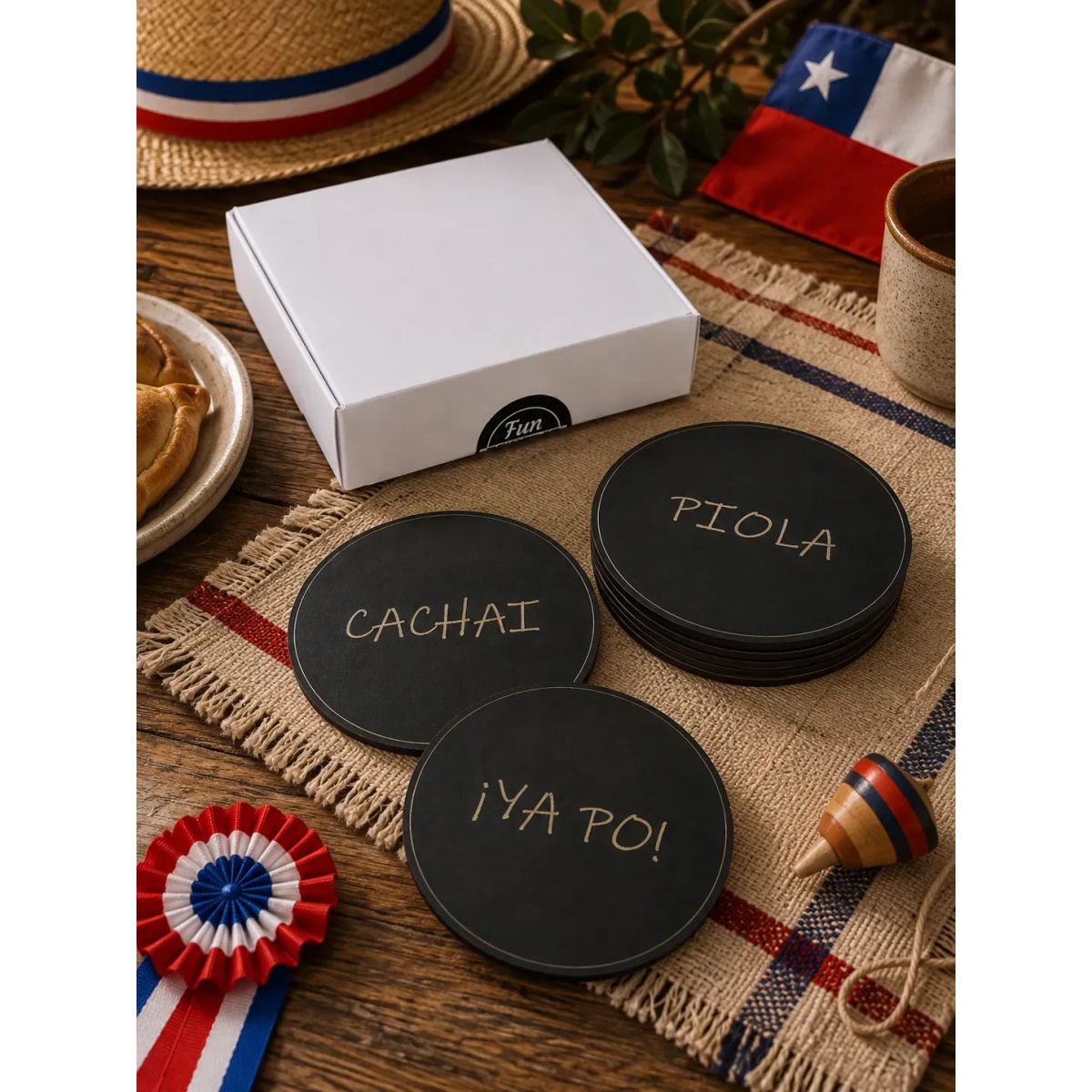 ELAB PROPIA - Posavasos Chilenos De Madera Con Chilenismos Set 6 Fun Republic